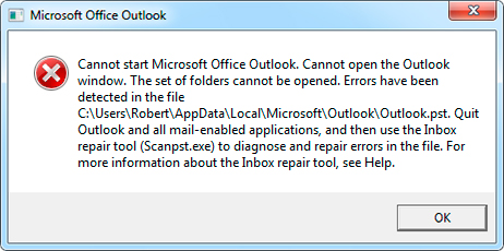 Microsoft Office Outlook を起動できません。Outlook ウィンドウを開けません。フォルダー セットを開くことができません。ファイル [c:\..\outlook.pst] でエラーが検出されました。Outlook とすべてのメール対応アプリケーションを終了し、受信トレイ修復ツール (Scanpst.exe) を使用してファイル内のエラーを診断および修復してください。受信トレイ修復ツールの詳細については、ヘルプを参照してください。